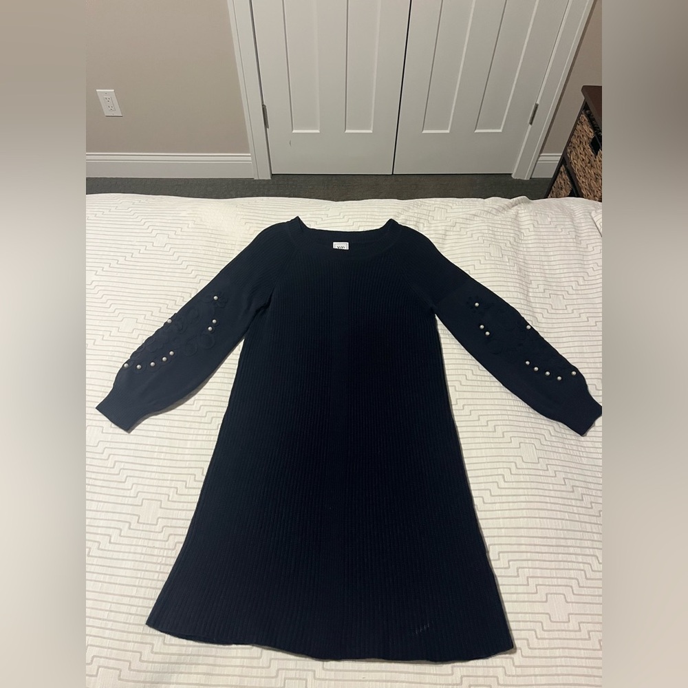Coastal Grandma Navy Cable-knit Sweater Dress w Puff Arms and Pearl Accents